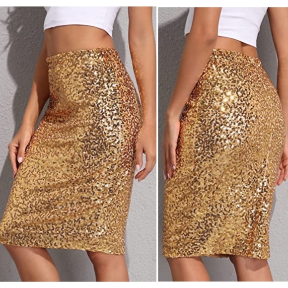 PRETTY GUIDE Gold Sequin Bodycon Pencil Skirt NWT Sz L - Picture 1 of 13